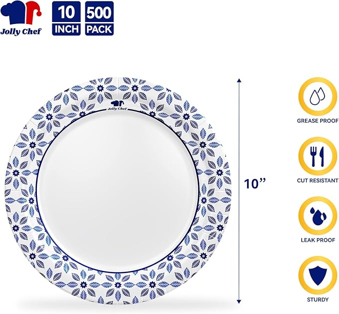 JOLLY CHEF 10 inch Disposable Paper Plates 500 Count, Soak Proof, Cut Proof, Heavy Duty Paper Plates for Party or Everyday Use