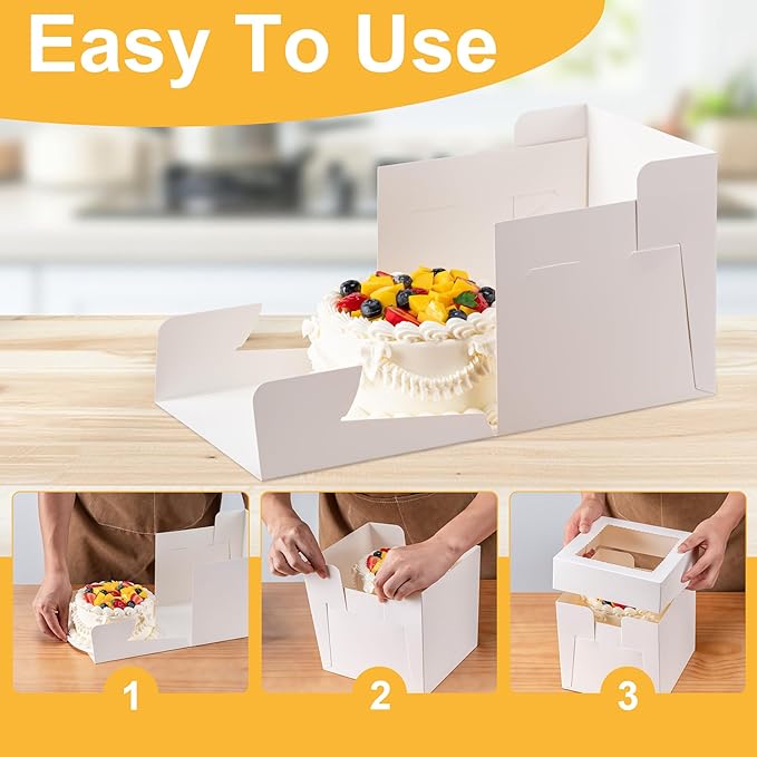 5 Pack Cake Boxes 12 Inch, 12x12x8 Inches Tall Cake Large Box, Disposable Cakes Transport Containers with Lids, Bakery Boxes with Large Window, for Cookies Pies Cupcakes Pastry-Wedding, Birthday,Party
