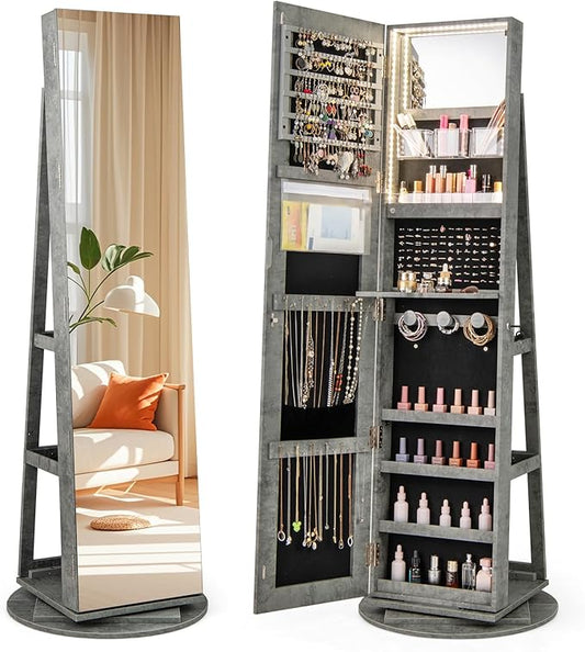 GOFLAME 360Â° Rotating Jewelry Cabinet with Full-Length Mirror, Freestanding Jewelry Armoire with 3-Color LED Light and Back Storage Shelf, Lockable Jewelry Organizer for Bedroom Cloakroom, Stone Gray