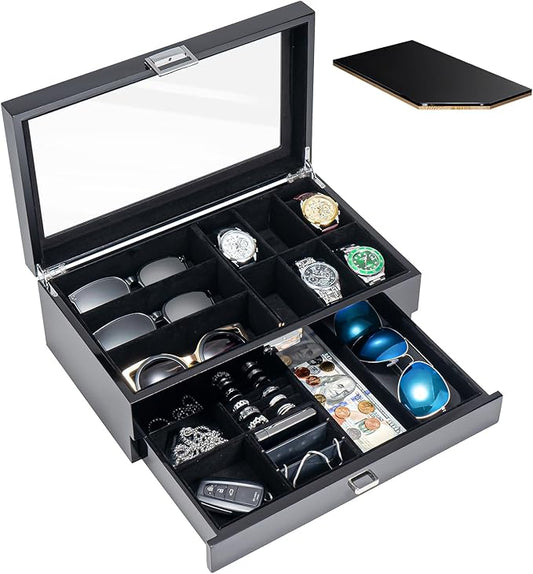 ProCase Lacquered Finish Wooden Men's Jewelry Box, 6 Slots Watch and Sunglasses Box Organizer for Men, 2-Tier Watch Holder Display Cases with Glass Top and Storage Drawer -Black