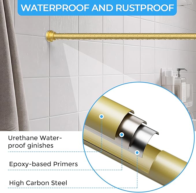 AIZESI Shower Curtain Rod 30 to 64 Inch Adjustable, 7/8" Diameter Gold Spring Loaded Curtain Rods No Drilling Tension Curtain Rods for Window, Bathroom, Doorway, Closet, Kitchen