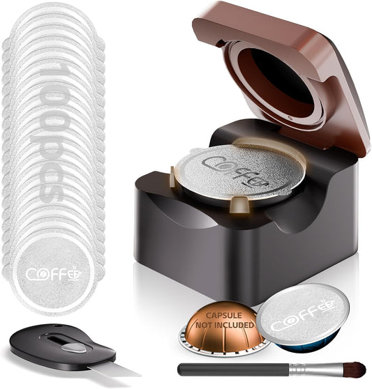 Reusable Vertuo Pods Refill Kit for Nespresso, Upgraded Vertuo Reusable Pods Holder with 100pcs Aluminum Foil Seals Lids, Effortless Press-to-Seal Design, Fits Vertuoline Next Plus Machine(NO PODS)