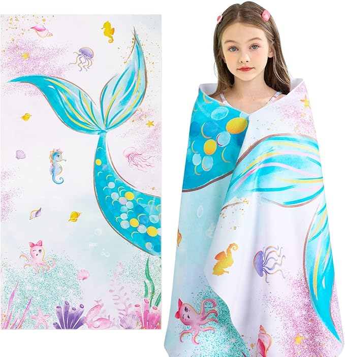 WERNNSAI Mermaid Kids Beach Towel - 30” x 60” Microfiber Mermaid Sand Free Towels for Girls Bath Pool Camping Travel Towel Quick Dry Ultra Absorbent Super Soft Beach Blanket Bath Shower Towel