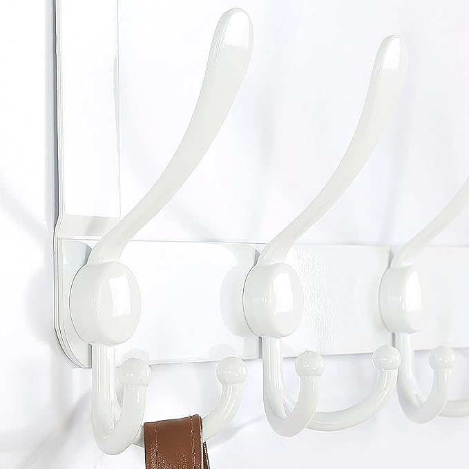 SKOLOO Over The Door Hook - for Doors up to 1-3/4'' Thickness, Metal Door Hanger with 5 Triple Hooks, Over The Door Hanger for Coats, Hats,Towels, White, Assembly Required
