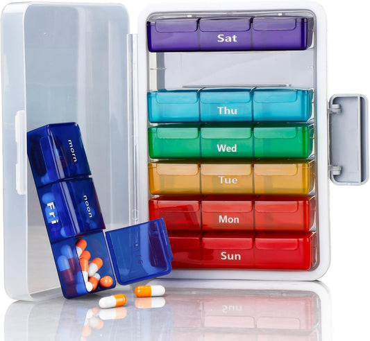 Weekly Pill Organizer 3 Times a Day, Pill Cases Organizers 7 Day, Medicine Pill Organizer by Time, Daily Pill Box AM/PM/Night, Travel Pill Case for Medication, Vitamins, Fish Oil and Supplements