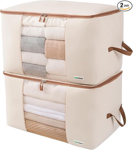 Canvas Storage Bags Designer Organizer for Comforters 2 Pack â Seasonal Storage for Pillows, Blankets, Linens & Garments â Foldable Design with Zip & Window, Moth-Proof Space Saver