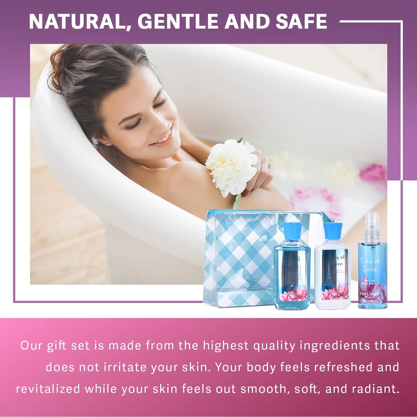 Bath & Body Care Travel Set - Home Spa Set with Body Lotion, Shower Gel and Fragrance Mist, Valentines Day Gifts for Her and Him(City of Love)