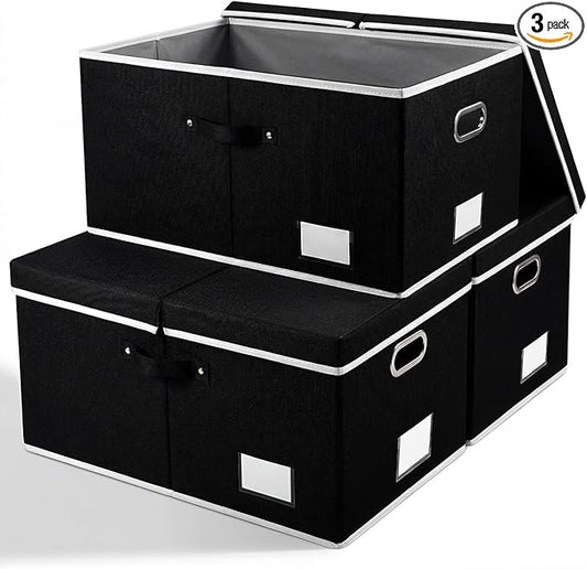 PRANDOM Storage Boxes with Lids [3-Pack] Fabric Collapsible Storage Bins Organizer Containers Baskets Cube with Cover for Home Bedroom Closet Office Nursery Blackï¼23.4X15.9X11.5