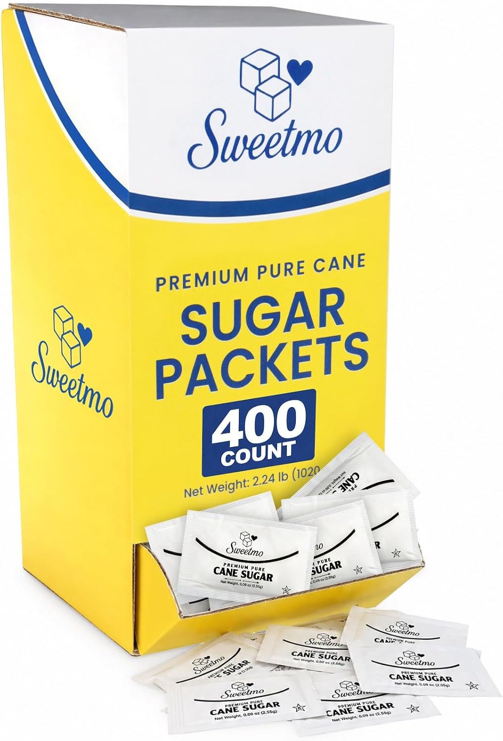 Sweetmo Sugar packets - 400 Count Dispenser Box, Pure Cane White Granulated Sugar Packets, Individual Wrapped, Bulk Packets for Coffee, Restaurants, Office, Cafés & Food Service