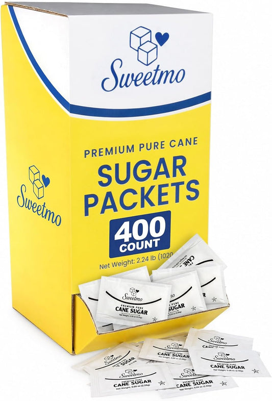 Sweetmo Sugar packets - 400 Count Dispenser Box, Pure Cane White Granulated Sugar Packets, Individual Wrapped, Bulk Packets for Coffee, Restaurants, Office, Cafés & Food Service
