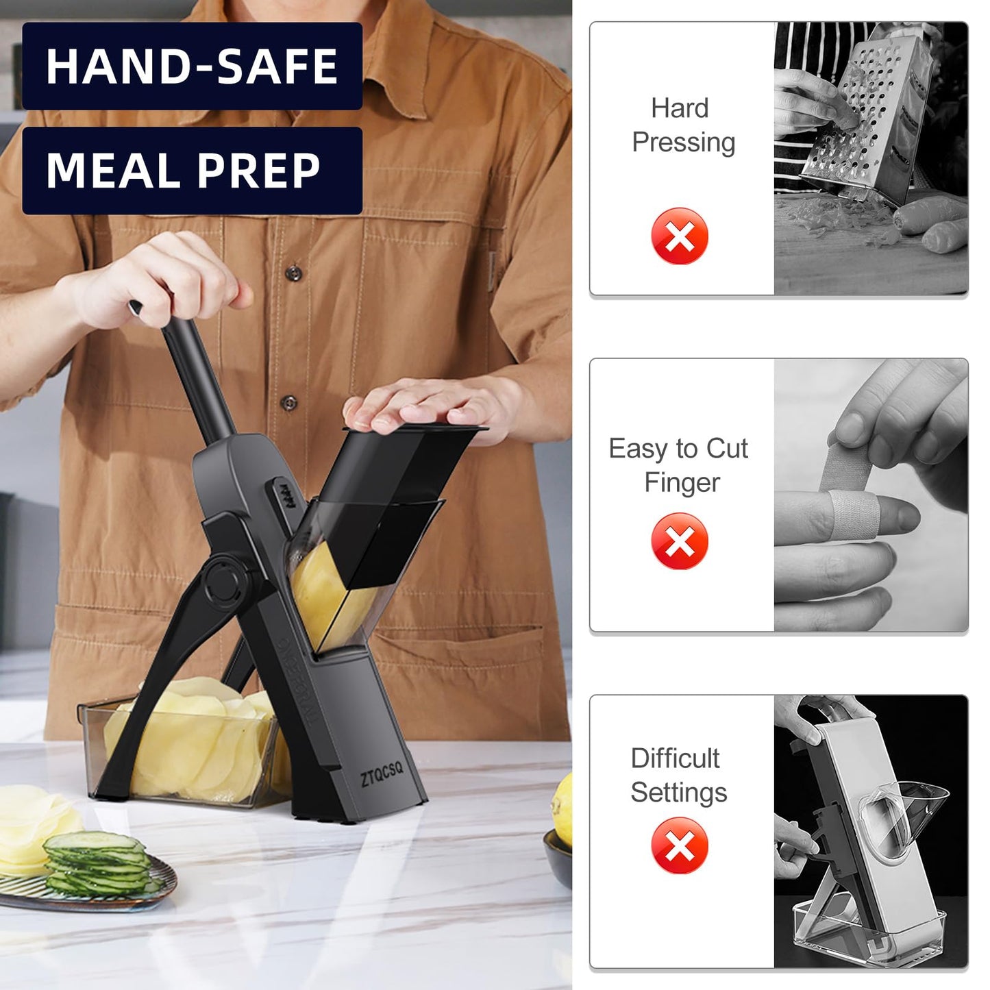 Safe Mandoline Slicer for Kitchen, Adjustable Thickness 0.1-8 mm, Professional Vegetable Slicer, Potato Slicer, Food Chopper French Fry Cutte, Mandolin, Chopping Artifact Fast Veggie (Black Knight)