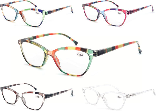 MODFANS Womens Reading Glasses Women 5 Pack Fashion Ladies Readers Comfort Spring Hinge Lightweight cateye Frame with Pouch 1.25