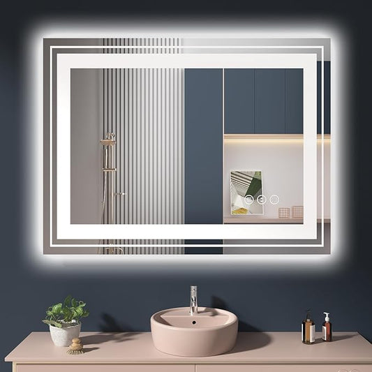 LED Mirror for Bathroom, 40"X30" with 8 RGB Backlit +3 Front Lit (Adjustable Individually), Anti-Fog, Lighted Bathroom Vanity Mirror for Wall, Shatterproof, Memory Function, Tempered Glass
