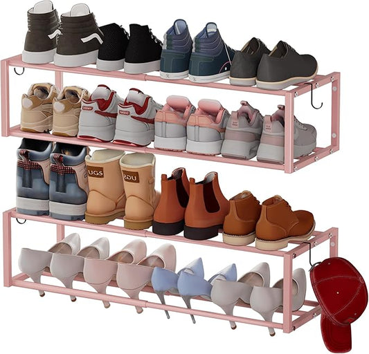 2 Pack Expandable Wall Mounted Shoe Rack, 17"-31" Adjustable Hanging Shoe Rack Holds 16 Pairs, Heavy Duty Metal Shoe Holder with 4 Storage Hooks, Space Saving for Entryway Closet Doorway（Pink）