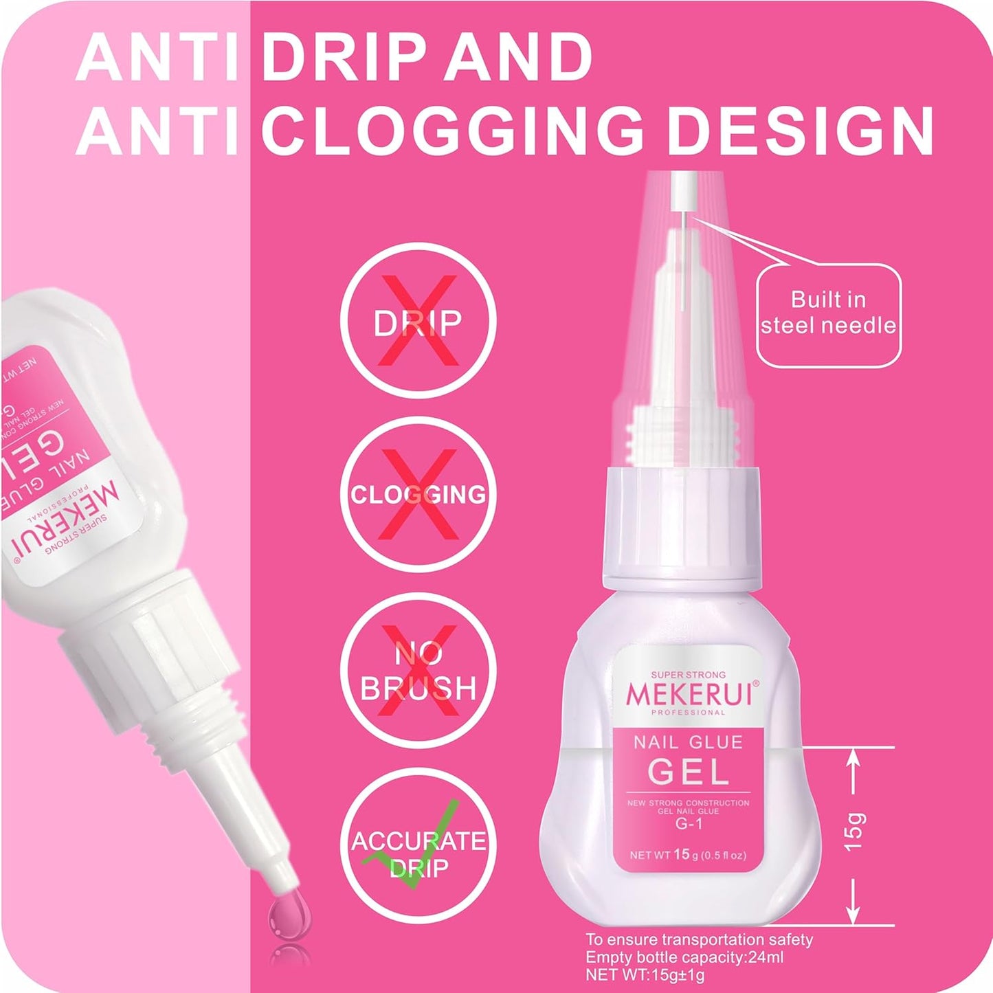 Super Strong Nail Glue Gel (15g) for Press on Nails,Drip and Clog Proof,7S Quickly Dry Without UV Light,Long-Lasting 30+Days,Waterproof Beauty Secret Professional Salon Quality (1, Nail Glue)