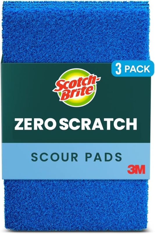Scotch-Brite Zero Scratch Scouring Pad, Effective + Gentle Dish Scrubber for Household Cleaning, 3 Scrub Pads for Dishes, Nonstick Pots and Pans, Glass, Tubs, Showers, Reusable & Durable