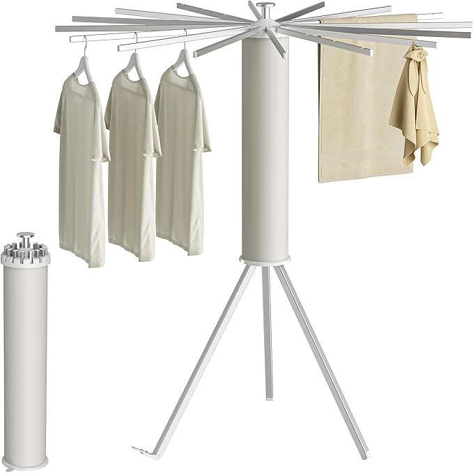 Tripod Clothes Drying Rack, Garment Rack Portable and Foldable Space Saving Laundry Drying Rack - Dryer Rack Clothing Floor Folding Balcony Bedroom Household (Silver(Aluminum), 16 rods)