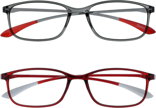 OPULIZE ICE Reading glasses for Women Men,Scratch Resistant Rectangular frame with Spring Hinges, Crystal Grey,Crystal Dark Red +2 (Pack of 2)