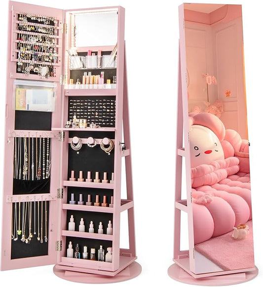 CHARMAID 360Â° Swivel Jewelry Armoire with Full Length Mirror, Rear Storage Shelves, Lockable Standing Jewelry Cabinet Organizer with Interior Vanity Mirror and 3-Color Lights (Pink)