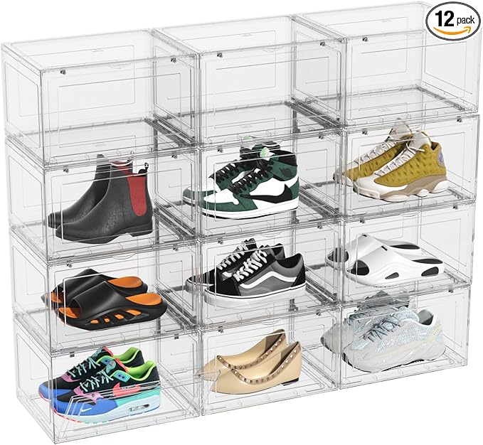 12 Packs Large Plastic Clear Shoe Boxes with Magnetic Door, Acrylic Display Case, Stackable Shoe Storage Organizer Container for Boot Sneaker