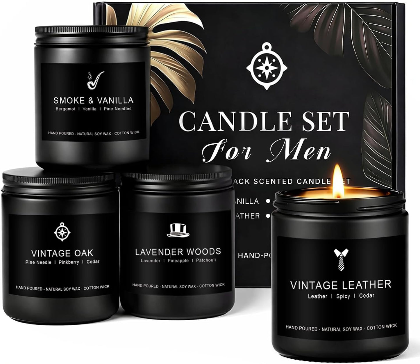 Candles for Men Gift Set, 4 Pack Masculine Scented Soy Candles for Men, Leather, Smoke, Oak & Lavender Scents, Aromatherapy Candle Gift Set for Dad, Husband, Boyfriend, Birthday & Father’s Day Gifts