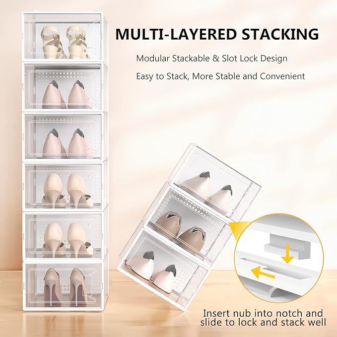 Secret Space 12 Pack XX Large Shoe Storage Organizer for Closet, Modular Space Saving Shoe Boxes Clear Plastic Stackable Containers Display Case Bins with Lids, Shoe Rack for Sneaker Storage, White