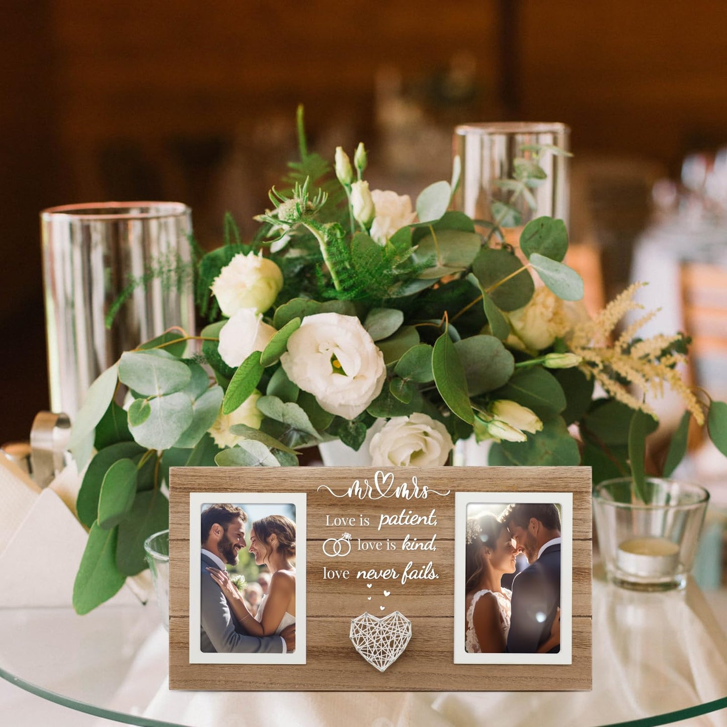 SOUHONEY Wedding Gifts, Bridal Shower Gifts for Bride to Be, Wedding Picture Frame for Couple - Double 4x6 Pictures Frame - Wooden Couples Newlyweds Picture Frame with Heart (Mr Mrs)