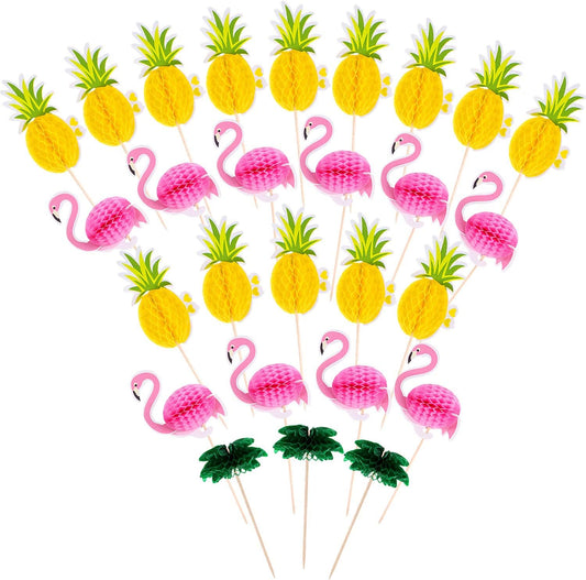90 Pieces Hawaiian Luau 3D Flamingo Cupcake Toppers Pineapple Cupcake Picks Coconut Tree Toothpicks Hawaii Luau Tropical Cake Decorations for Summer Beach Birthday Party Favors Supplies