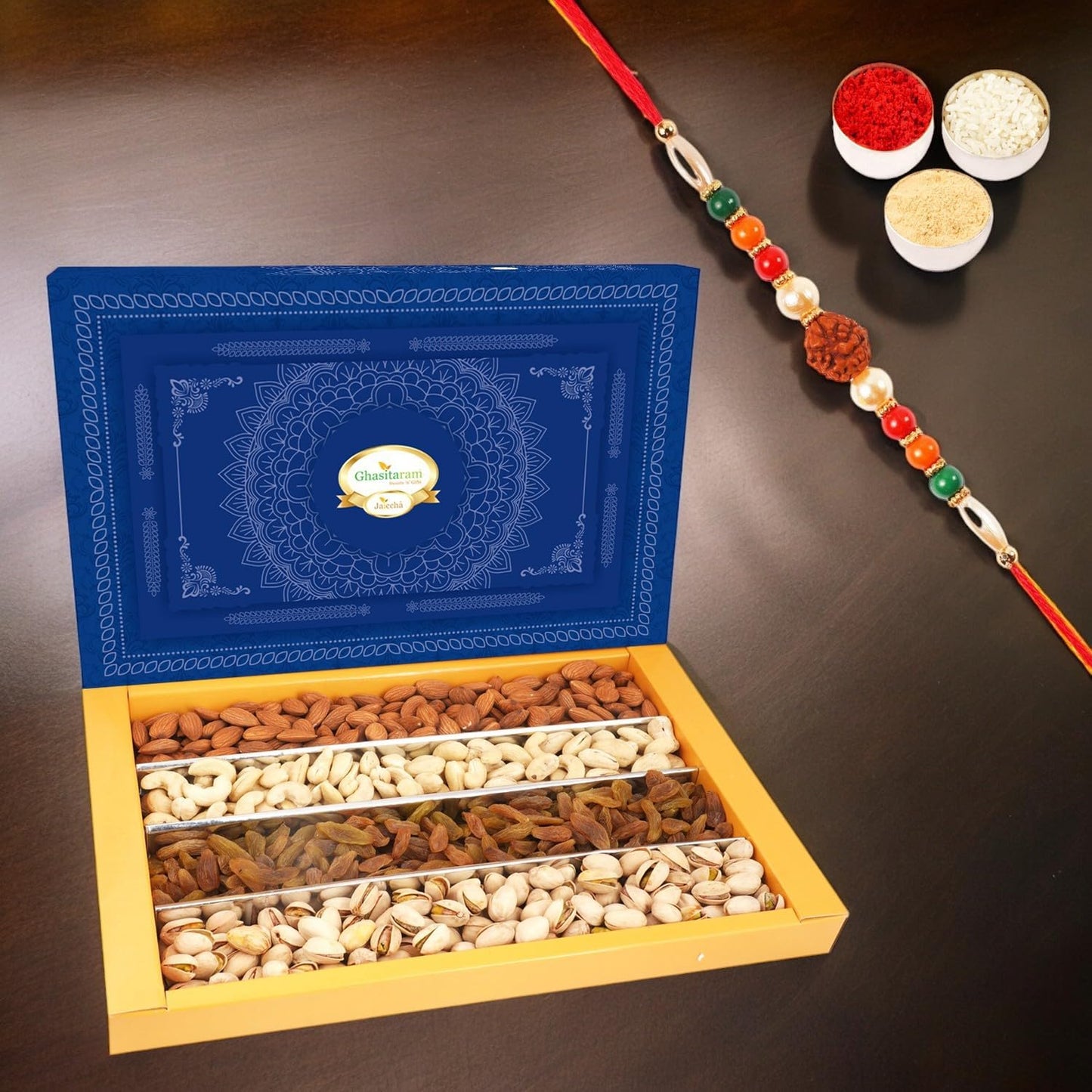 Ghasitaram Gifts Rakhi Gifts for Brothers Rakhi Dyfruits- Ghasitaram's Dryfruit Box 800 GMS with Rudraksh Rakhi