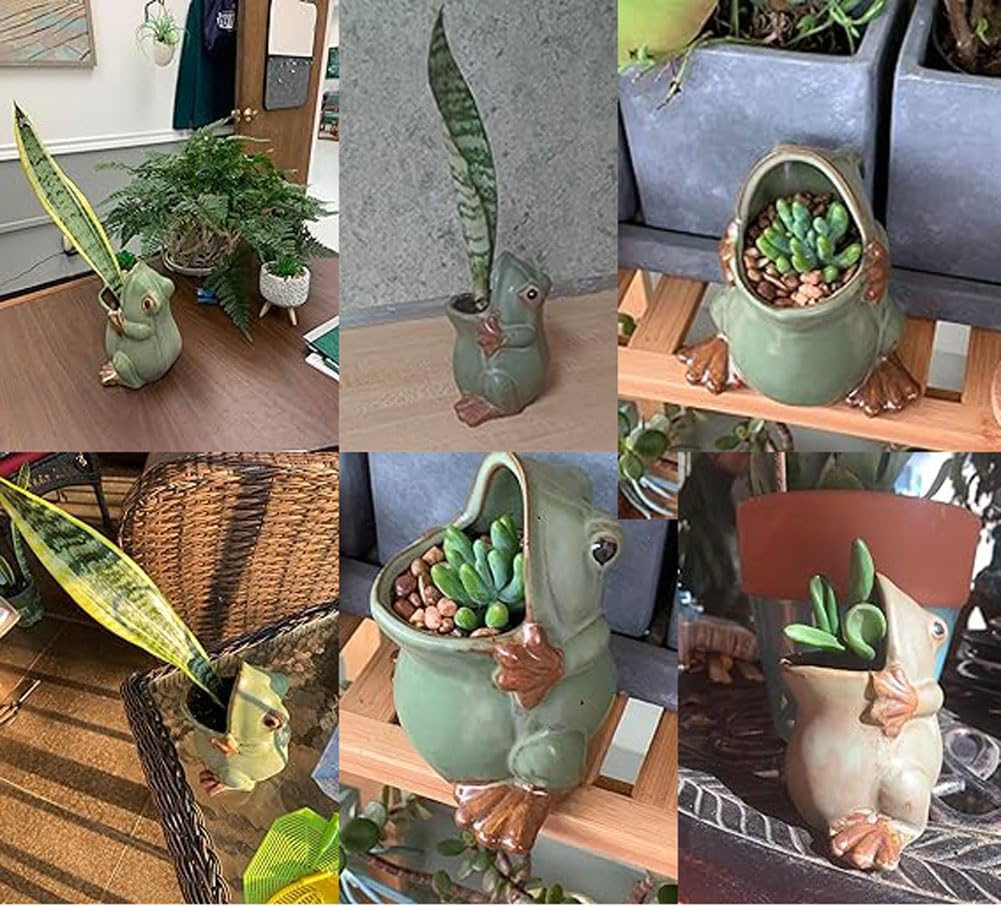 MONMOB 7" Ceramic Frog Shaped Plant Pot for Bonsai Flower Succulent Planter Candy Dish Pencil Holder Decor Multipurpose Green Frog Gift"