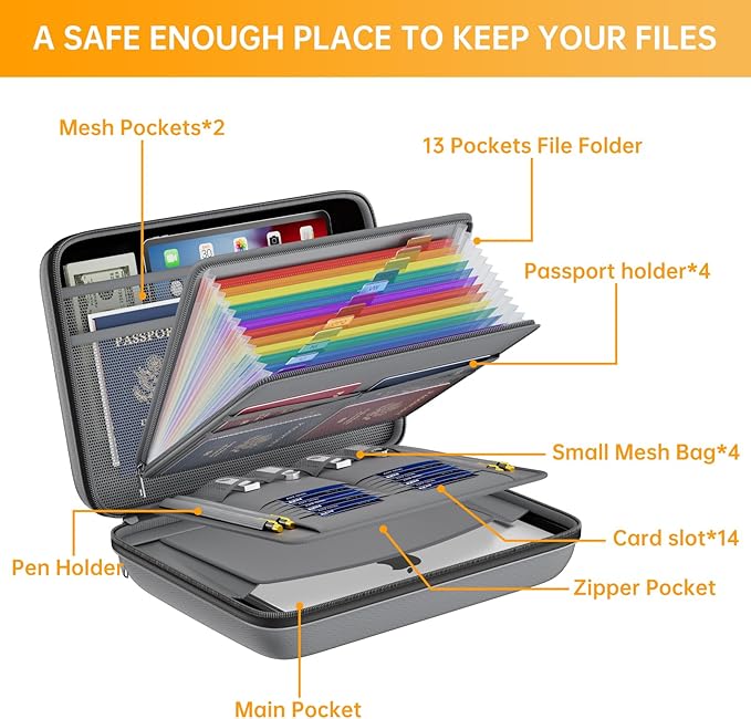 DocSafe Fireproof File Organizer with Lock, Hard-Shell Case Fireproof Document Box with 13 Pocket Accordion File Folder, Portable Home Office Travel Safe Storage for Important Documents Laptop Gray