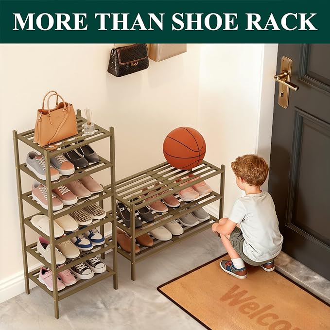 Smiry Small Bamboo Shoe Rack 4-Tier, Stackable Wooden Shoe Organizer for Entryway & Closet, Free Standing Wood Shoe Storage Shelf for Front Door & Small Spaces, Walnut