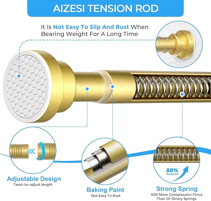 AIZESI Tension Curtain Rod 28 to 48 Inch Adjustable No Drilling 7/8" Diameter Gold Curtain Rod, Small Shower Curtain Rod for Woindow, Bathroom, Doorway, Closet, Kitchen