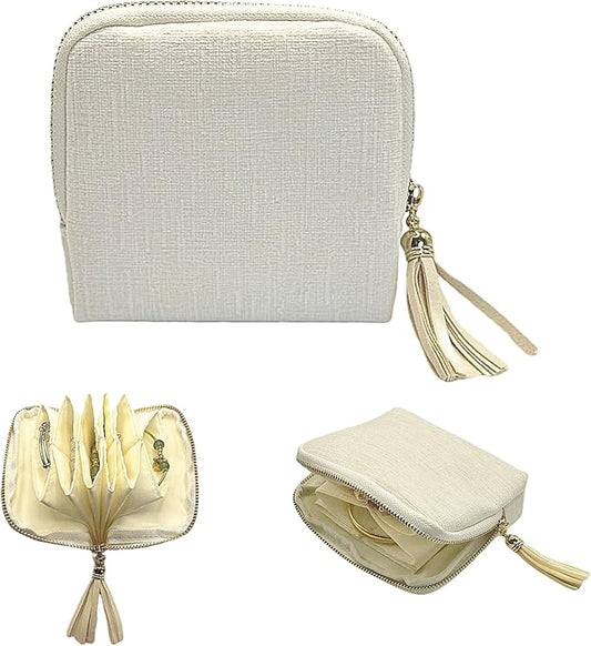 Small Travel Jewelry Case - Jewelry Travel Organizer Bag with Tassel Zipper for Bracelets, Necklaces, Bangles, Jewelry Organizer Storage Bag Gift for Women Girls - LJB001-Beige