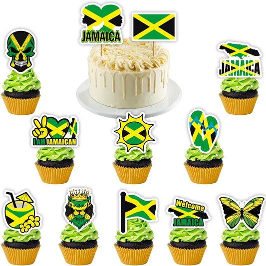 Jamaican Dessert Cupcake Toppers Party Supplies - Jamaica Paper Straw Decor Party Favors - Jamaican Baby Shower or Birthday Party Decorations - Set of 24 Counts