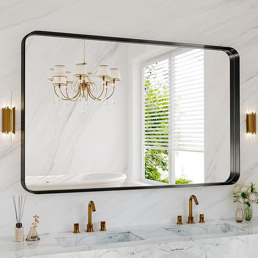 55X36 Inch Black Metal Framed Bathroom Mirror for Wall, Matte Vanity Mirror Farmhouse for Over Sink, Large Rounded Rectangle Mirror, Anti-Rust, Shatter-Proof, Hangs Horizontally or Vertically