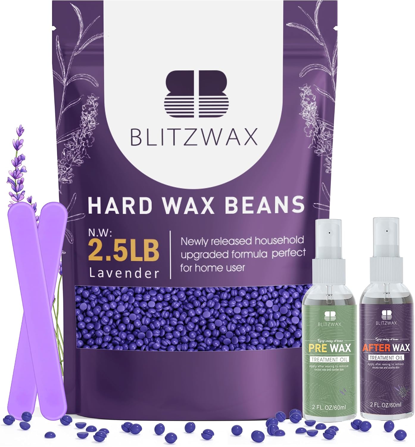 BLITZWAX 2.5lbs Hard Wax Beads for Hair Removal Lavender Waxing Beans for Sensitive Skin, Face, Eyebrows, Brazilian, Legs and Bikini - with 2 Silicone Sticks and 2 Wax Oils for Home and Salon Use