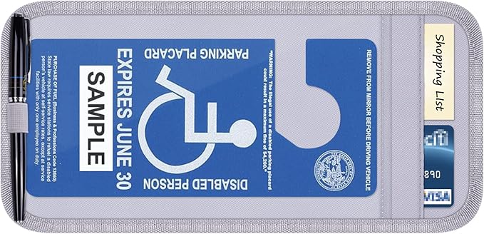 Handicap Placard Holder for Auto, Wisdompro Disabled Parking Permit Sign Protector for Car Sun Visor with Note Paper Slot, Pen Holder and Elastic Strap - Gray