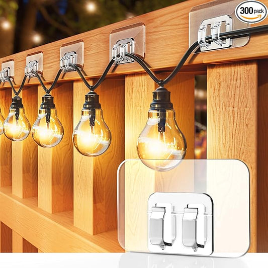 Hooks for Outdoor String Lights - 300 Pack with Adhesive Strips - No Damage, No Tools, No Holes, Waterproof and UV-Resistant, Perfect for Christmas and Patio Decor