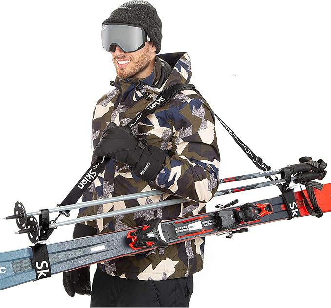 Sklon Ski Strap and Pole Carrier | Avoid the Struggle and Effortlessly Transport Your Ski Gear Everywhere You Go | Features Cushioned Shoulder Sling | Great for Families - Men, Women and Kids - Black