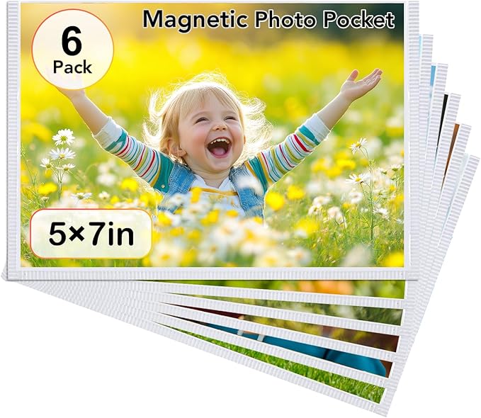 Magnetic Picture Frame, Holds 5X7 Inches Pictures, Reusable White Magnet Fridge Photo Sleeves for Refrigerator, Locker,Office Cabinet (White, 6) (6Pcs)