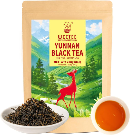 WT WEETEE Yunnan Black Tea Loose Leaf 228g, 110+ Servings Chinese Dianhong Loose Tea, Honey Aroma, Full Bodied, Mellow & Smooth, Energizing & Caffeinated