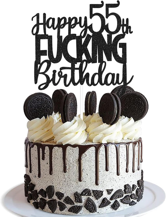 Happy 55th Birthday Cake Topper - Funny Black Glitter 55 & Fabulous Party Supplies For Men - Cheers to 55 Years Party Cake Decoration