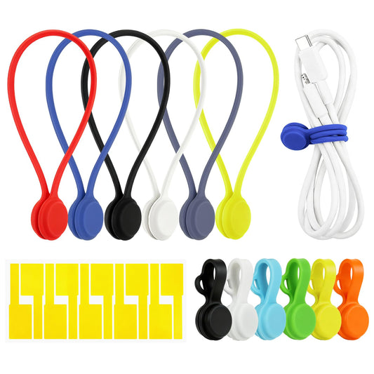 12pcs Silicone Magnetic Cord Organizer Cable Ties Reusable Clips, Cable Straps Phone Cord Holder for Bundling and Organizing, Book Marks, Fridge Magnets Colorful