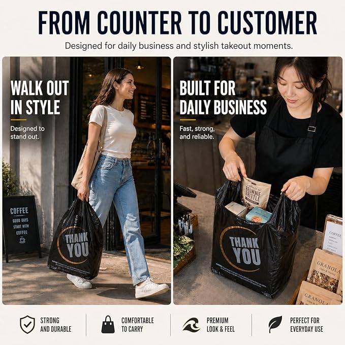 YoYoRain Black Thank you T shirt bag, Grocery shopping bag Reusable and Disposable Supermarket Bag 11''x6''x21'' 300PCS