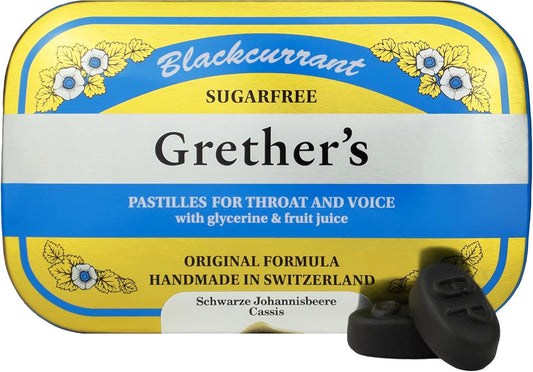 GRETHER'S Sugarfree Blackcurrant Pastilles – Premium Swiss Throat Lozenges for Dry Mouth & Sore Throat Comfort – Gift for Singers, Intense Fruit Flavor, Gluten & Lactose Free – 3.75 oz