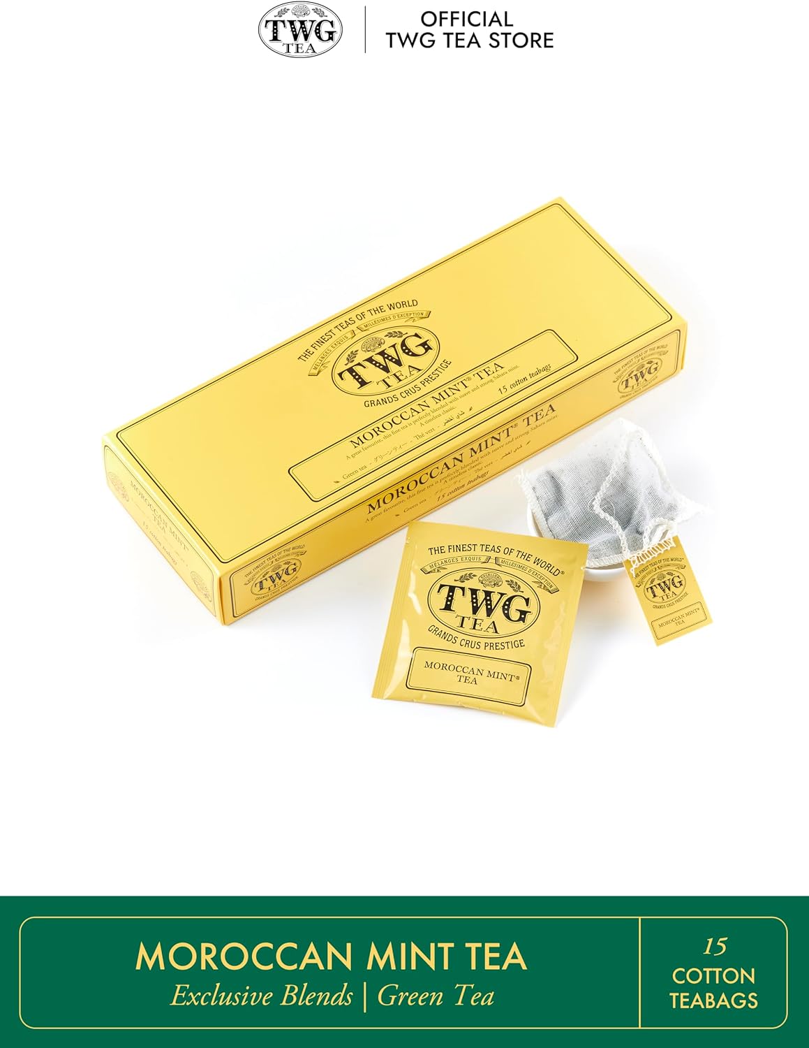 TWG Tea | Moroccan Mint Tea | Green Tea | Spearmint Leaves | 15 Hand Sewn Cotton Tea Bags | Gift Set