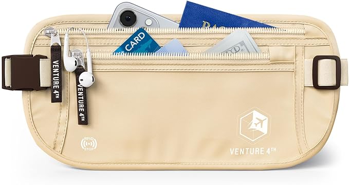 VENTURE 4TH Money Belt for Travel â Hidden Under-Clothes RFID Blocking Passport Holder & Slim Travel Wallet Pouch for Men & Women to Protect Cash, Cards & Documents (Beige)