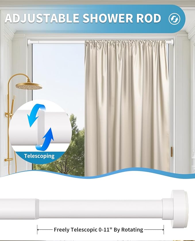 White Shower Curtain Rod 34-96 Inches(2.8-8ft) Adjustable Shower Rod No Drilling Non-slip Never Rust Shower Tension Rod for Bathroom Bedroom Windows Outdoor Garden