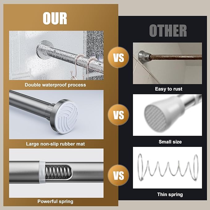 Ausemku Shower Curtain Rod 32-80 Inch Adjustable - 1 Inch Diameter Heavy Duty No drill Spring Tension Shower Rod, Non-Slip Rustproof Telescopic Rod for Bathroom, Nickel